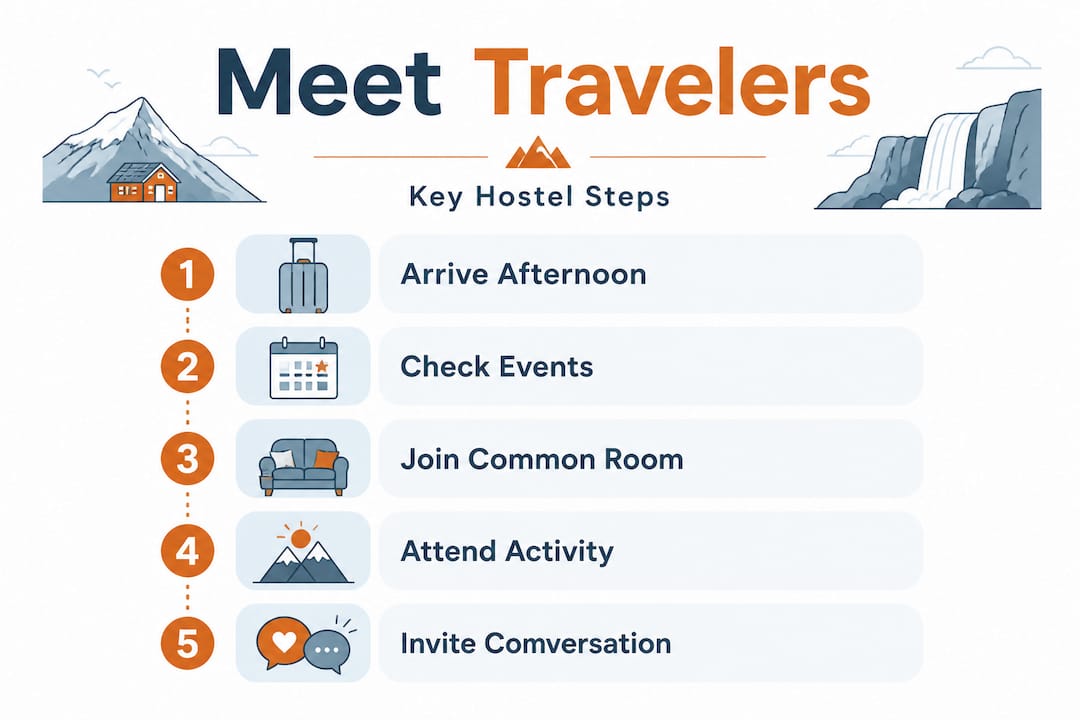 Infographic showing steps for meeting travelers in hostels
