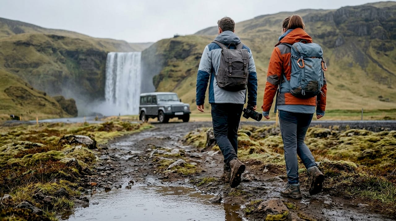 Una coppia passeggia lungo i sentieri che costeggiano una cascata in Islanda.