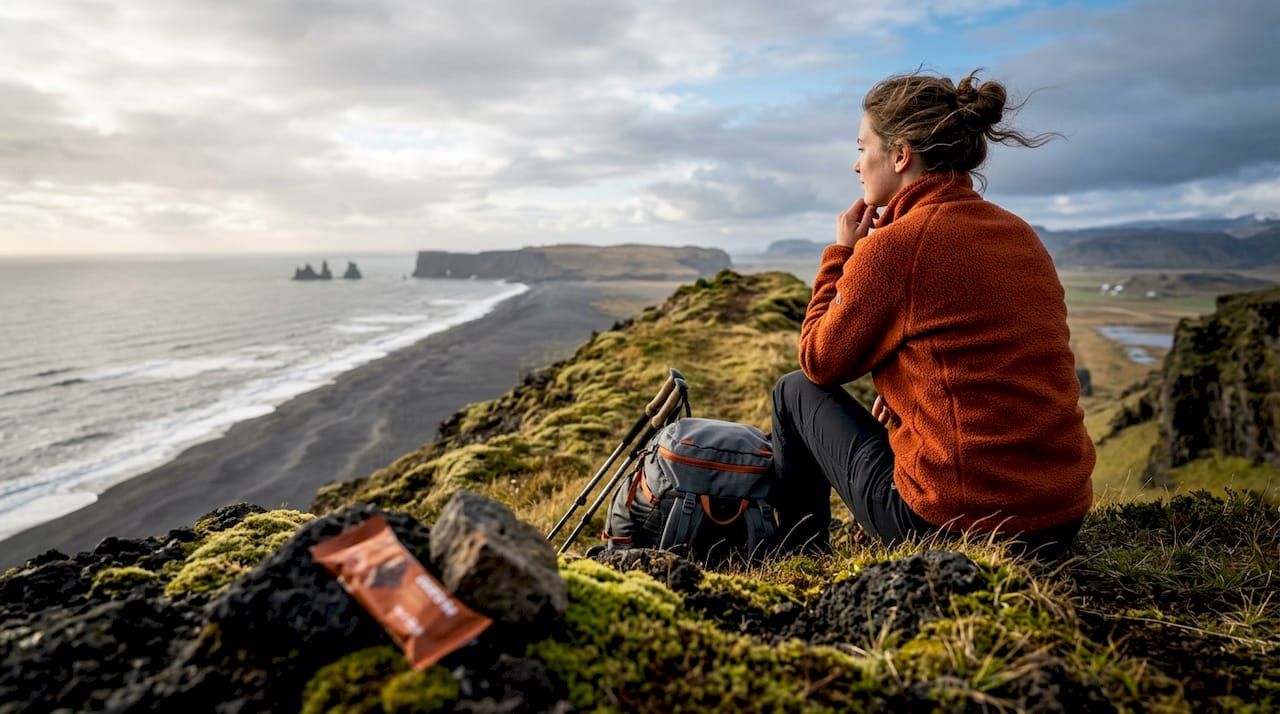 Un escursionista si gode la vista sull’oceano dalla cresta di Reynisfjall.