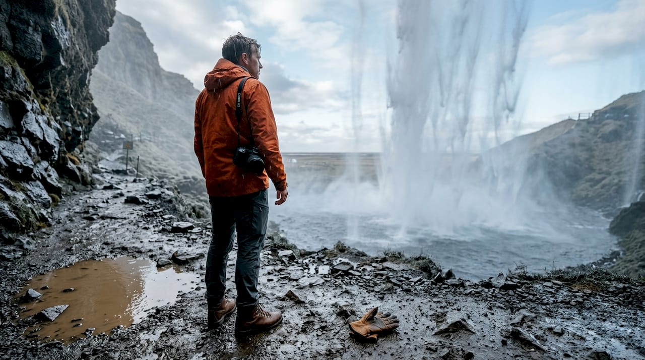 Viaggiatore in contemplazione vicino alla cascata di Skógafoss, in Islanda