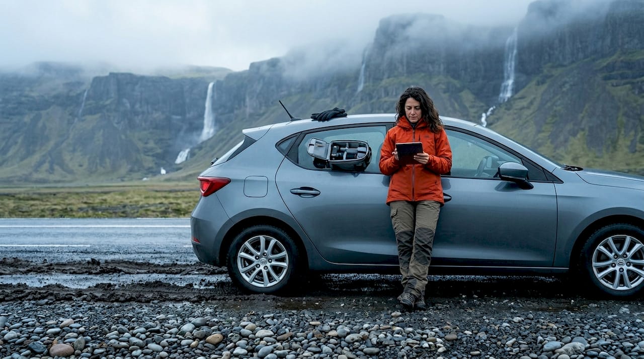 Viajero haciendo una parada en la famosa carretera circular de Islandia