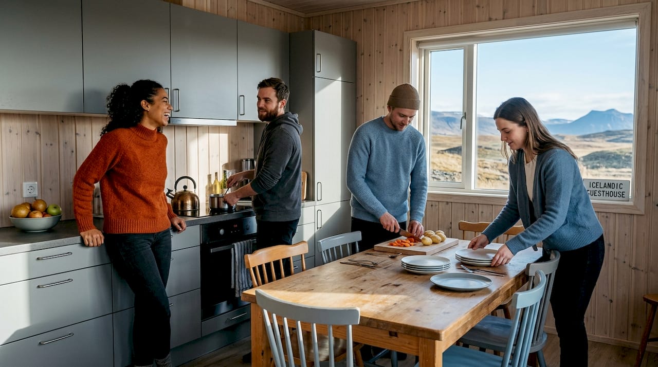Group cooking together in Icelandic guesthouse kitchen