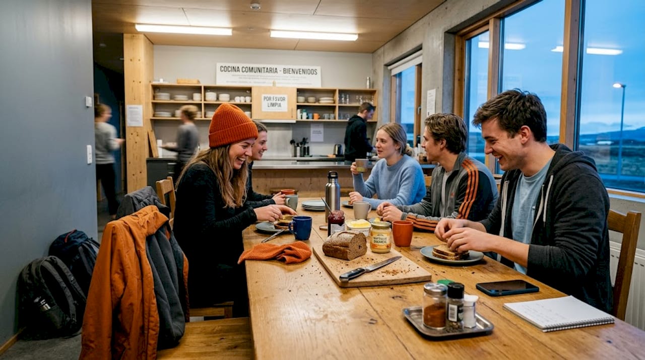 Un grupo de jóvenes viajeros comparte risas y charlas mientras preparan la cena juntos en la cocina del albergue.
