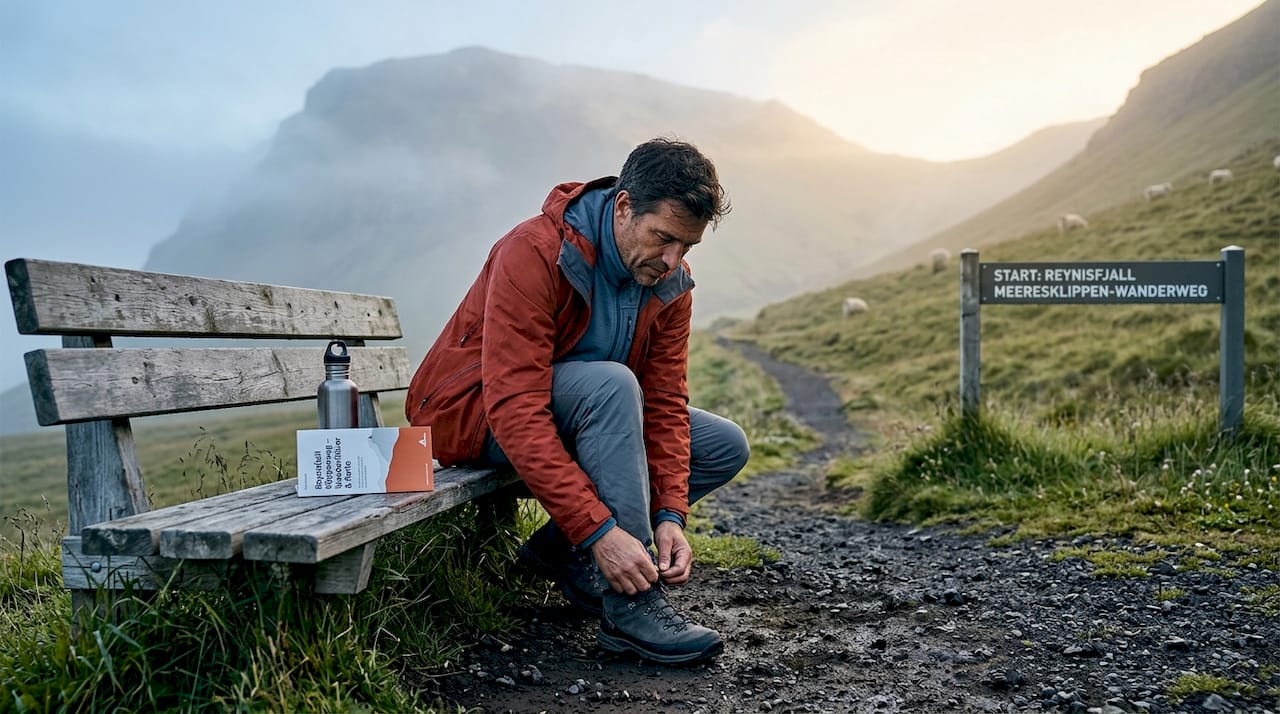 Ein Wanderer macht sich am Einstieg zum Reynisfjall-Wanderweg bereit.