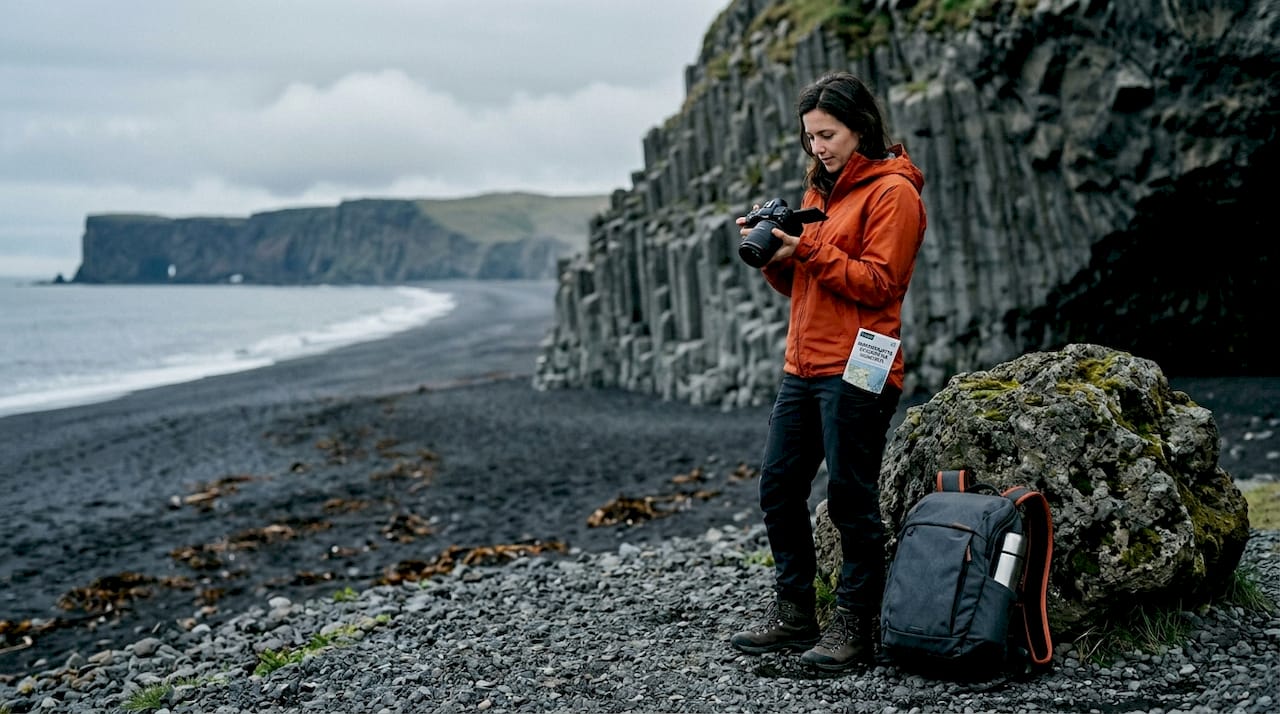 Ein Wanderer richtet seine Kamera auf den Klippen oberhalb von Reynisfjara aus.