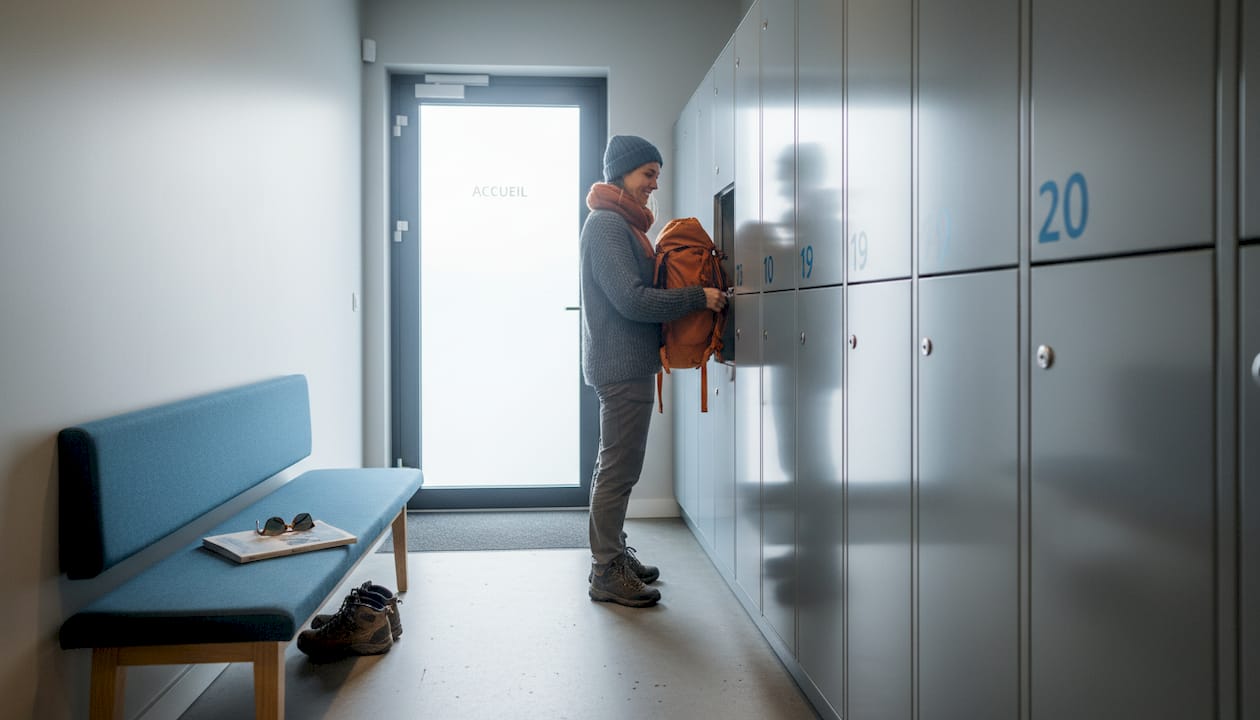 Un voyageur range soigneusement son sac dans un casier à l’auberge de jeunesse pour le mettre en sécurité.