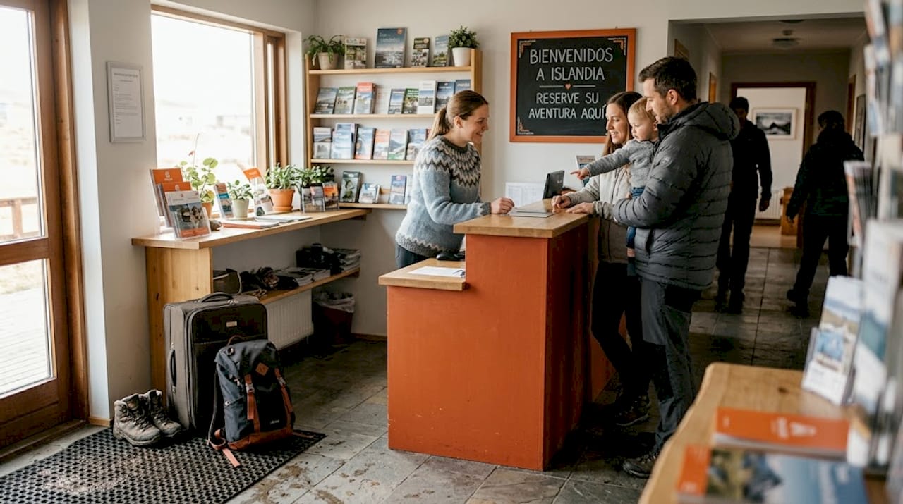 Una familia realiza el registro de entrada en la recepción de un albergue en Islandia.