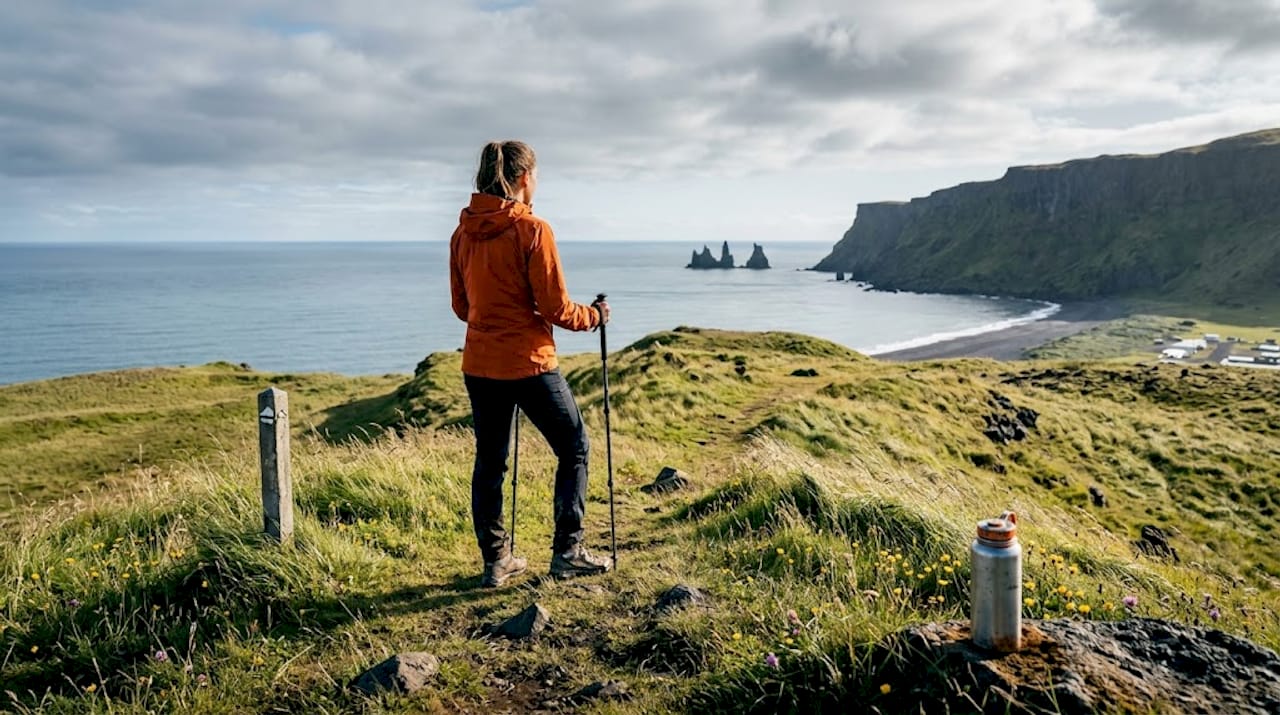 Hiker overlooking Vík and coastline