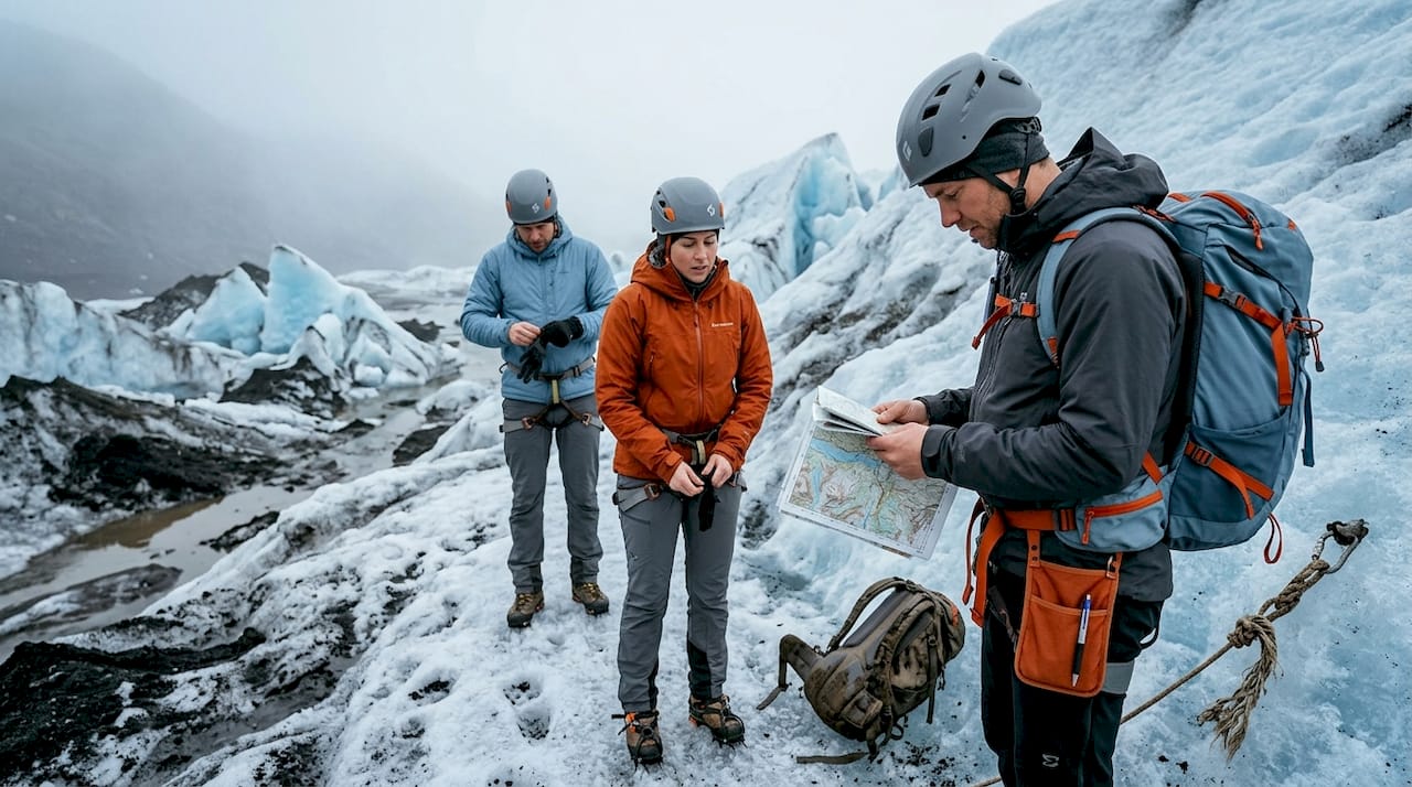 Guided hikers preparing on glacier edge
