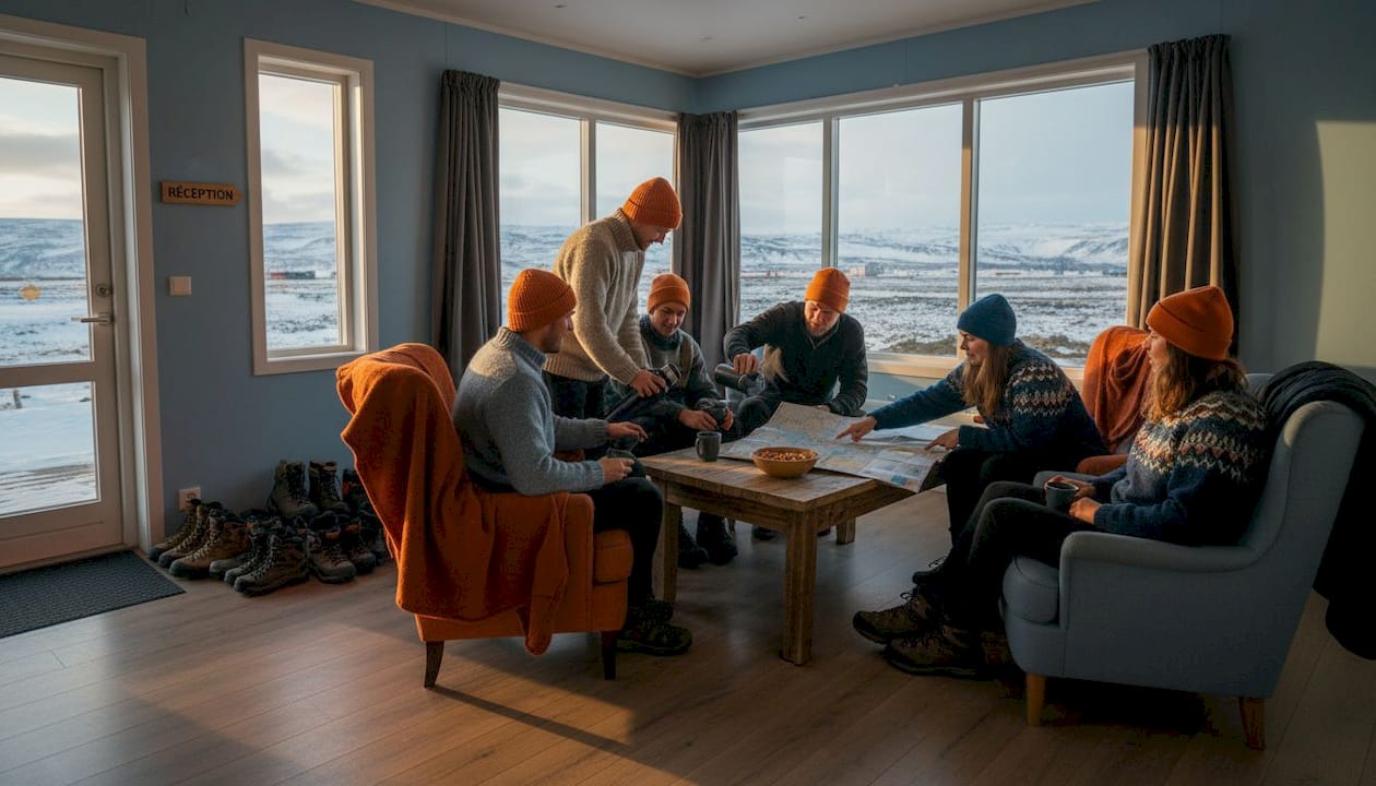 Des voyageurs profitent d’un moment de détente dans le salon commun d’une maison d’hôtes islandaise.