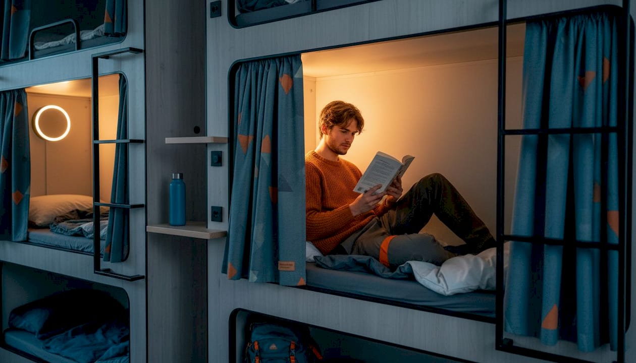 Ein Gast macht es sich in seinem gemütlichen Schlafpod im Hostel bequem und entspannt.