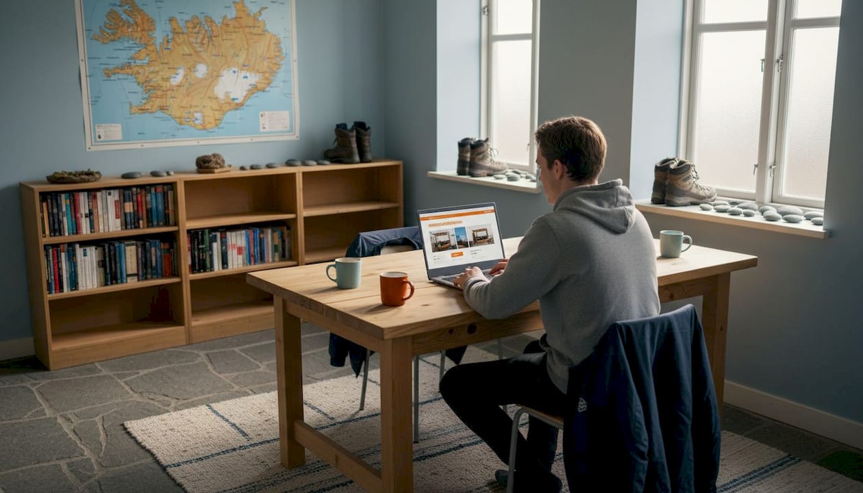 Ein Reisender sitzt am Laptop und sucht das passende Mehrbettzimmer in einem Hostel aus.