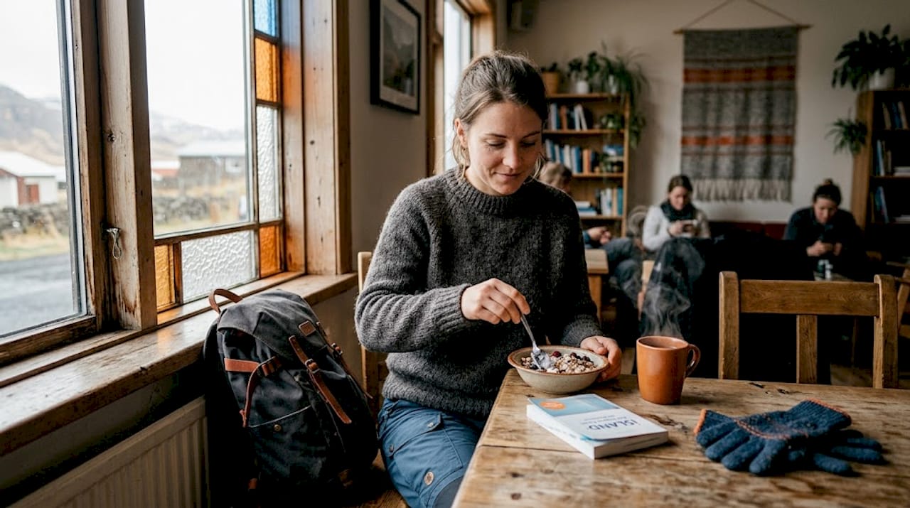 Ein Reisender sitzt alleine in der Hostel-Lounge und löffelt sein Müsli.