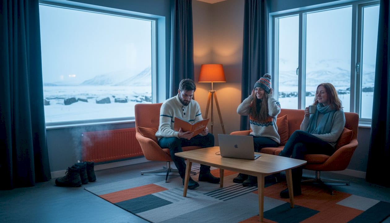 Ambiente acogedor en la sala común de un hostel, rodeados de viajeros y con vistas a un paisaje cubierto de nieve.