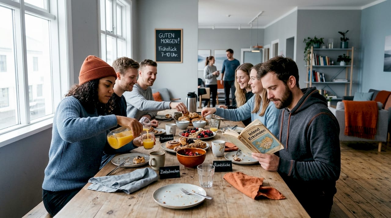 Im Gemeinschaftsraum eines Hostels frühstücken Reisende zusammen und tauschen sich aus.