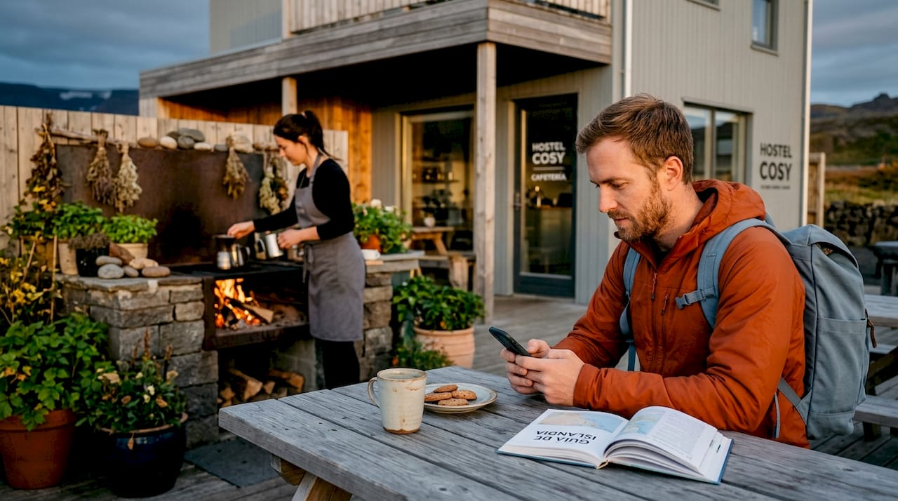 Huéspedes preparan sus comidas en la cocina común de un albergue en Islandia