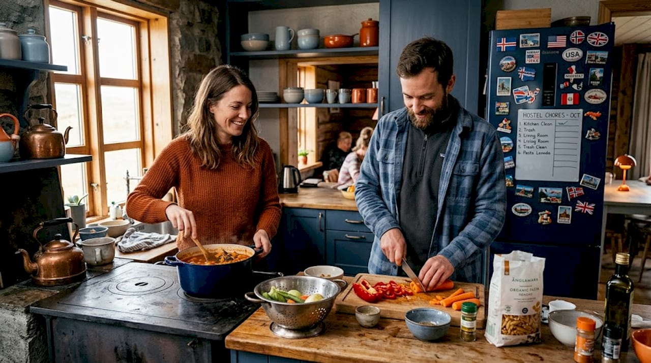 Travelers cooking together in hostel kitchen
