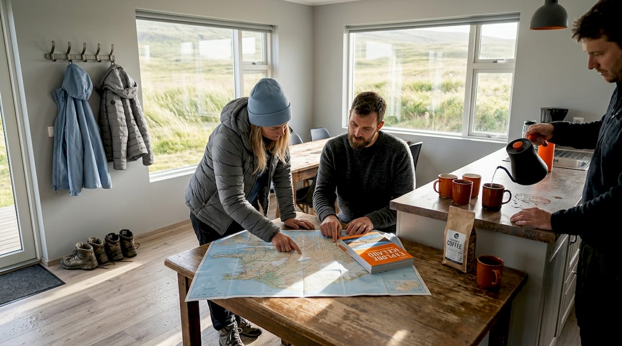 Travelers planning in rural Icelandic hostel
