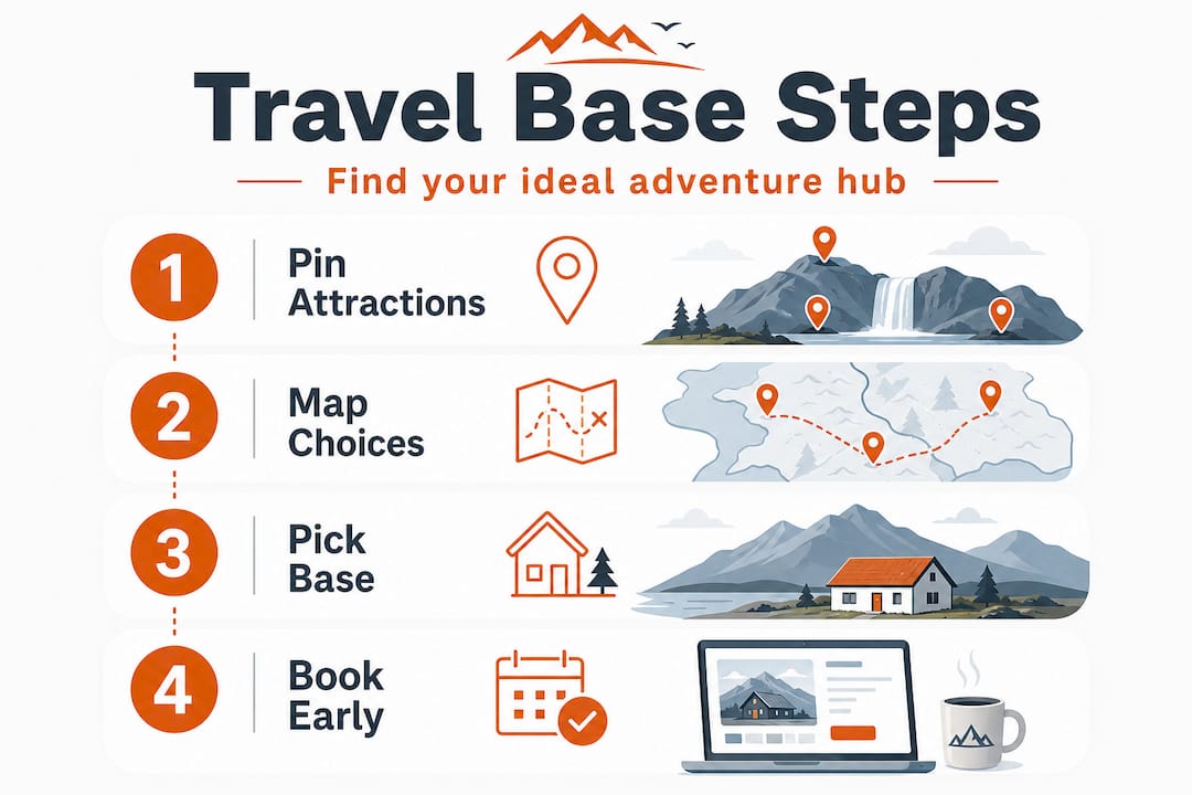 Infographic showing steps for selecting travel base