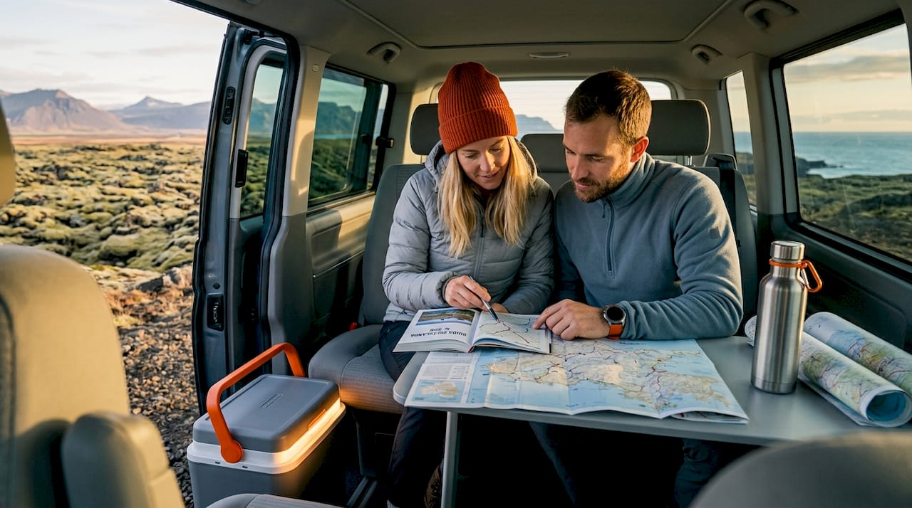 Viaggiatori alle prese con l’organizzazione di un itinerario on the road in Islanda
