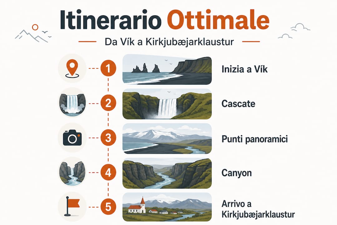 Infografica con le tappe imperdibili del viaggio tra Vík e Kirkjubæjarklaustur