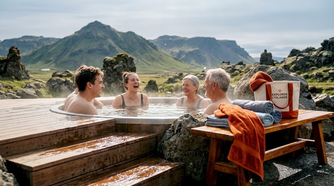Ambiance conviviale entre amis dans les eaux chaudes d’une source géothermique en Islande