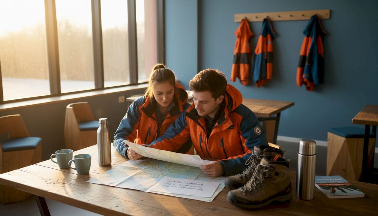 Im Gemeinschaftsraum ihres Hostels schmiedet ein Paar Reisepläne für Island.