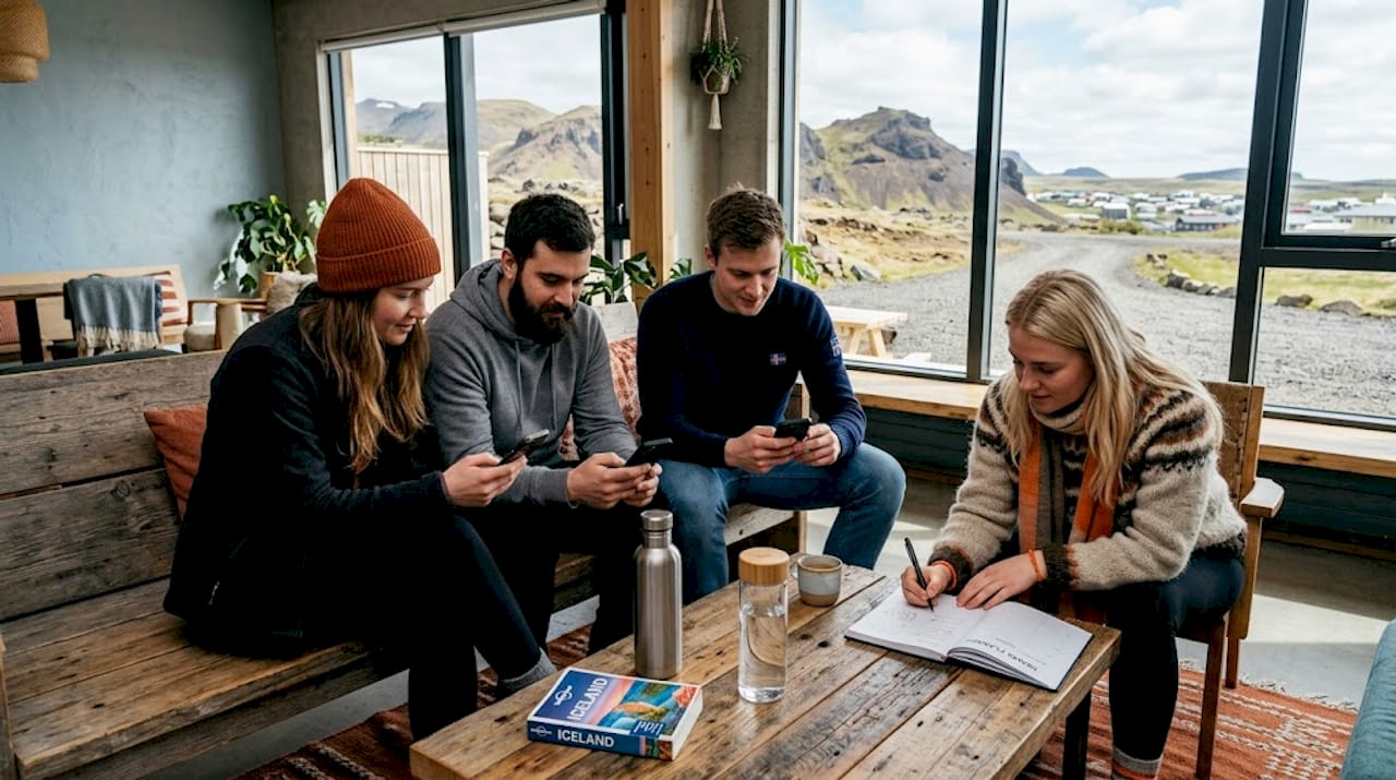 Friends planning tours in Iceland hostel common room