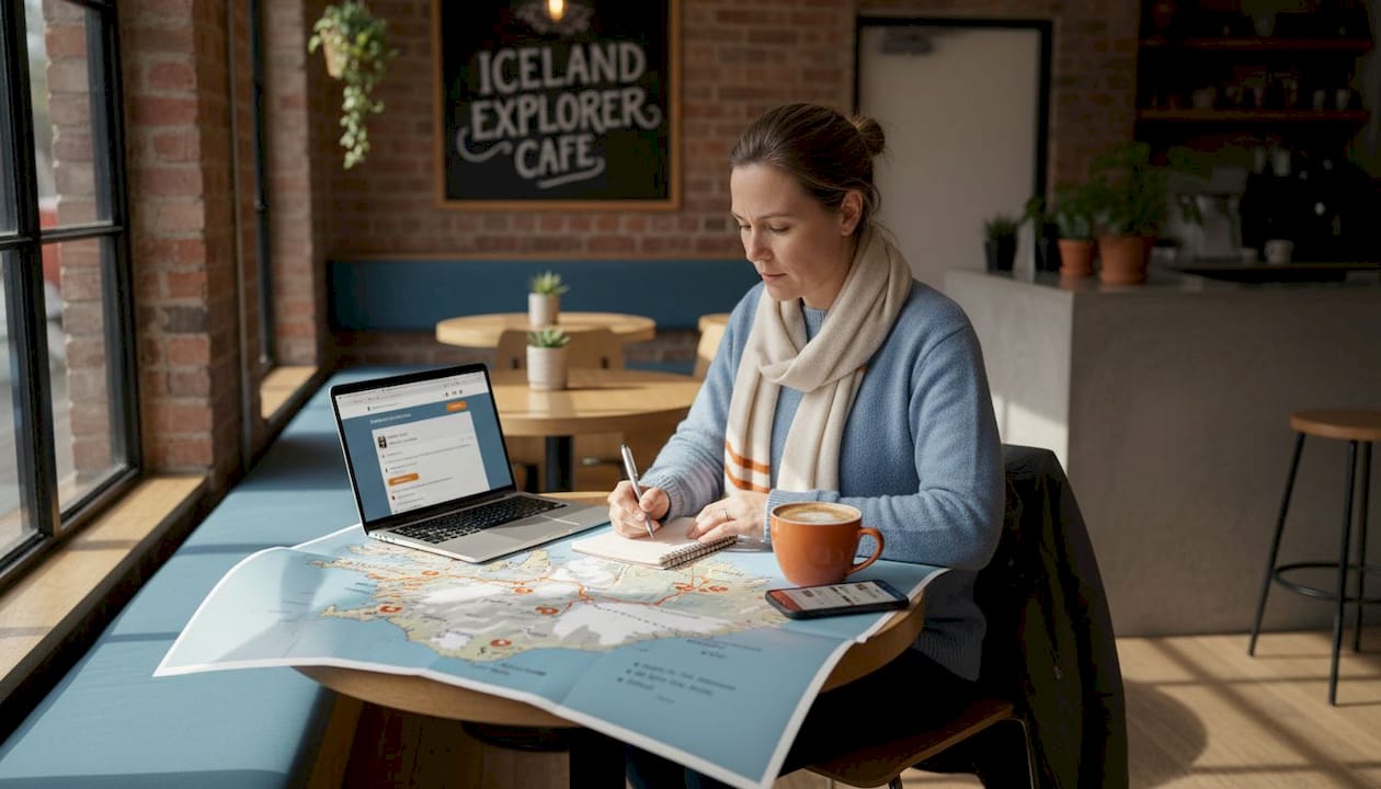 Woman planning Iceland trip with map and laptop