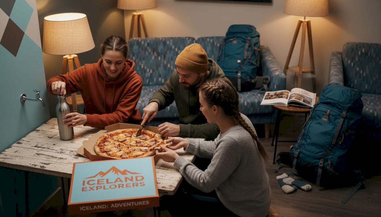 Beim gemütlichen Abend im Hostel sitzen Backpacker zusammen und teilen sich eine Pizza.