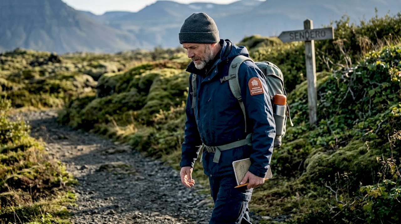 Guardabosques revisando un sendero volcánico en Islandia