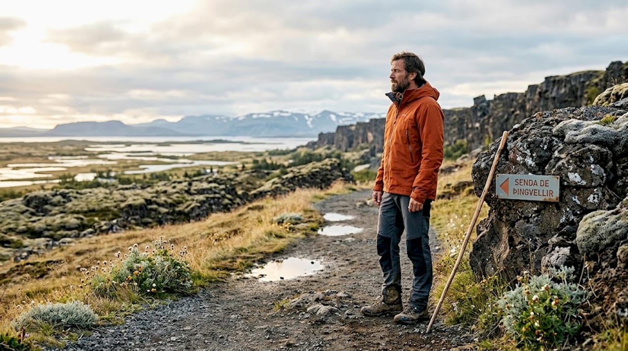 Aventurero recorriendo los campos de lava cubiertos de musgo en Islandia