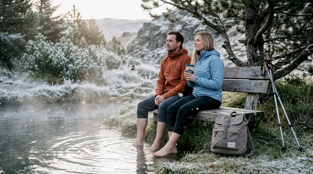 Un couple profite d’un moment de détente au bord d’une source chaude fumante en Islande.