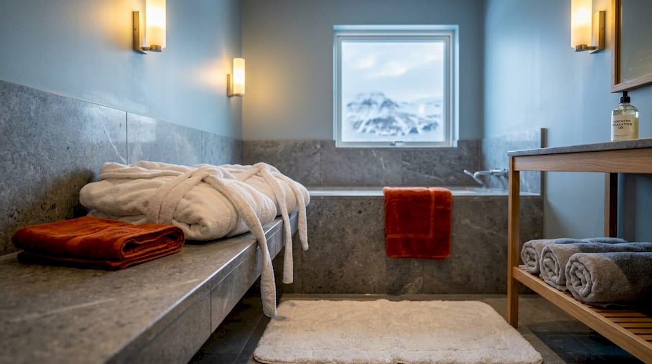 Bathrobes and heated floor in Iceland hotel bathroom