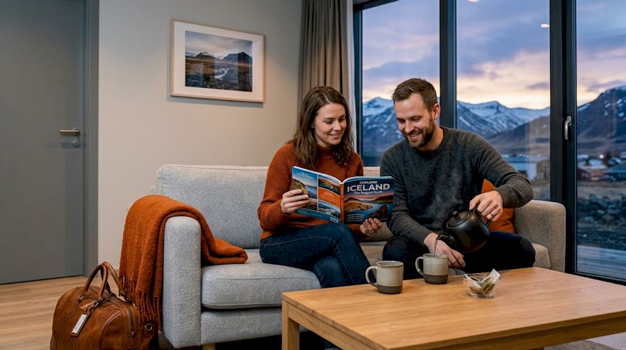 Couple relaxing in cozy Iceland hotel room
