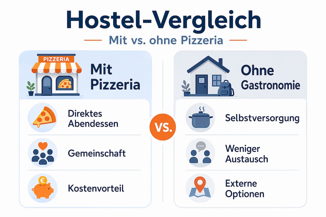 Die Infografik veranschaulicht, wie sich ein Hostel mit eigener Pizzeria im Vergleich zu einem ohne Pizzeria schlägt.