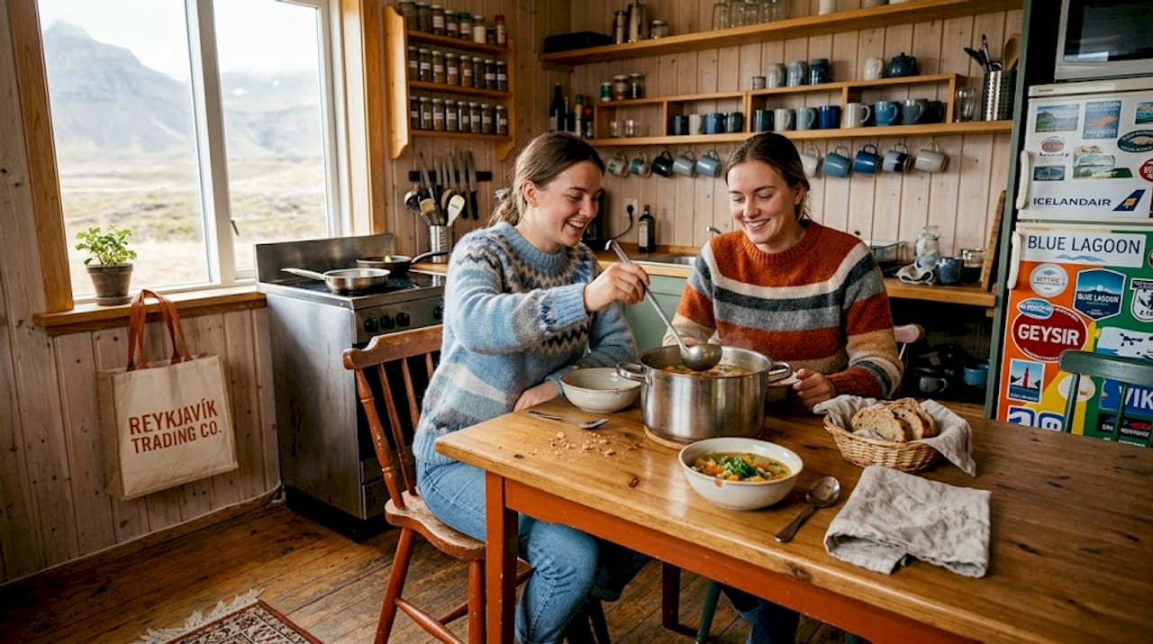 Gruppo di giovani viaggiatori che si ritrova nella cucina dell’ostello per condividere una cena e raccontare storie di viaggio.