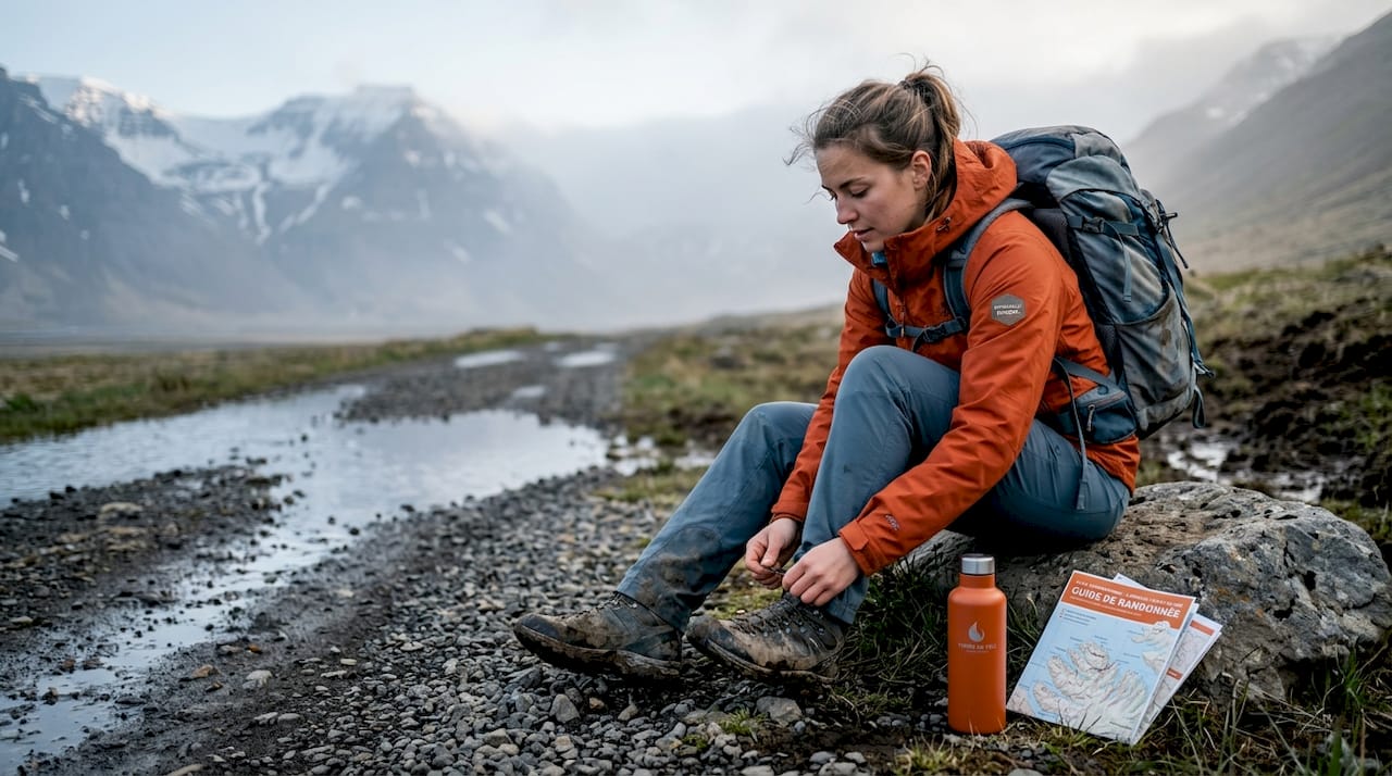 Une femme s’équipe au cœur des paysages sauvages des fjords de l’ouest islandais.