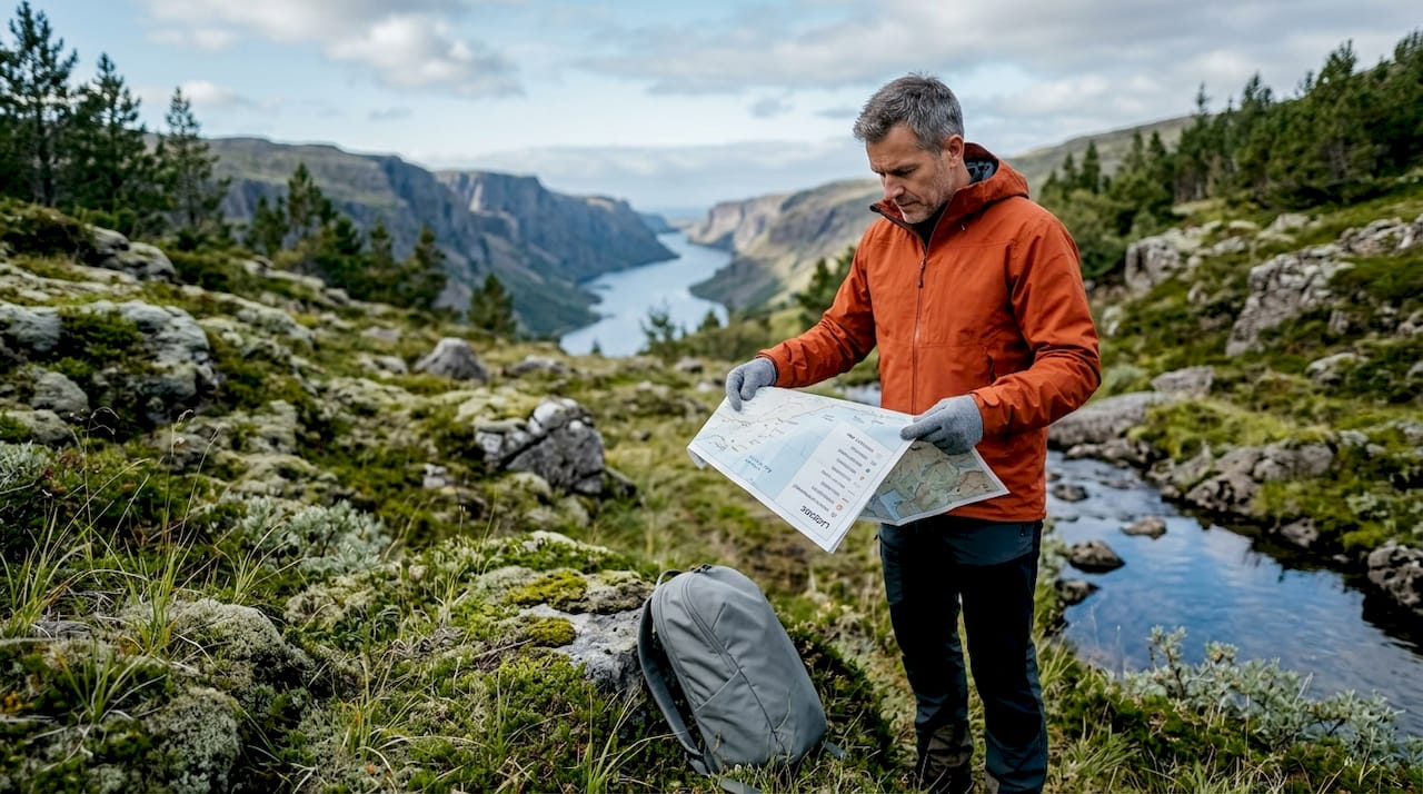 Un randonneur consulte sa carte en admirant la vue spectaculaire sur un fjord islandais.