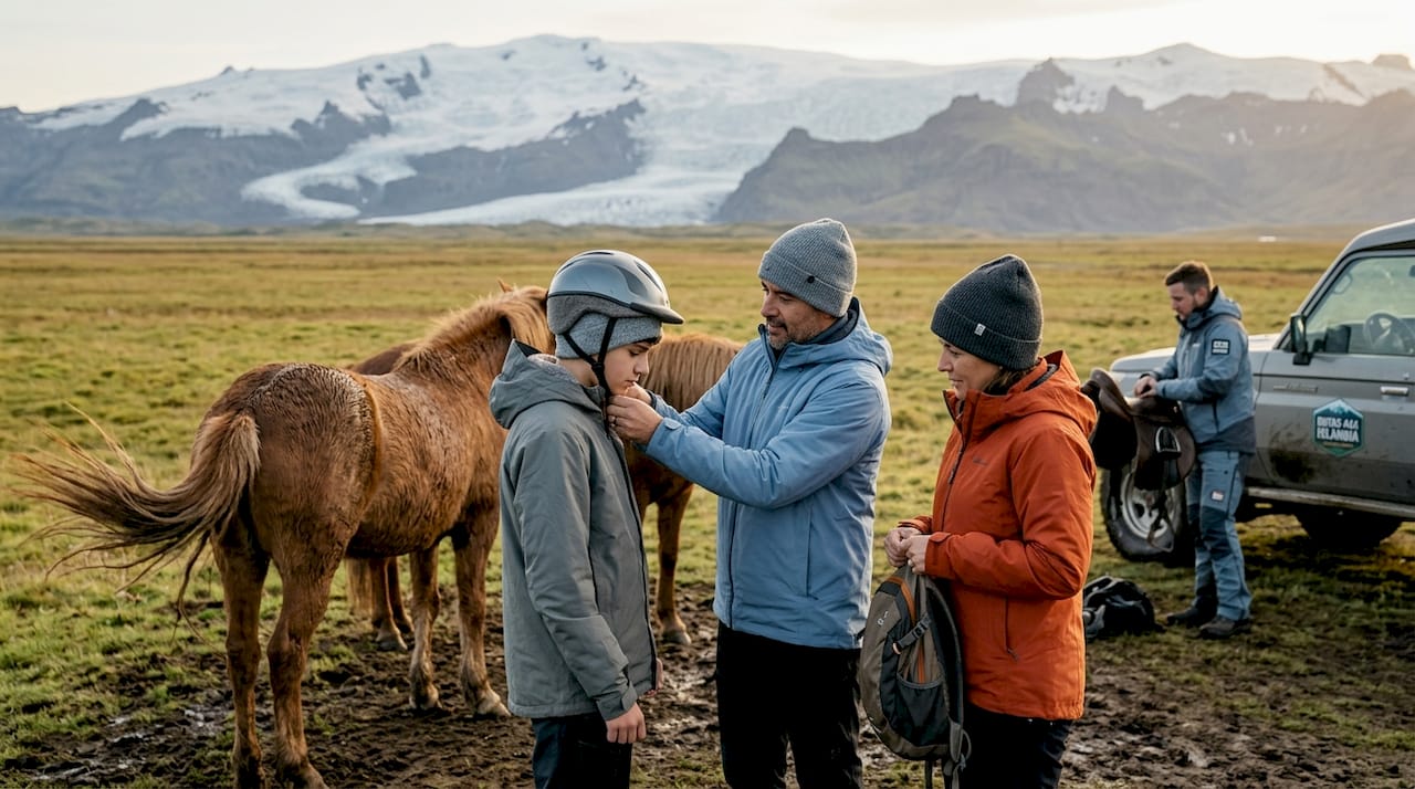 Una familia se alista para vivir una excursión a caballo por los impresionantes paisajes de Islandia.