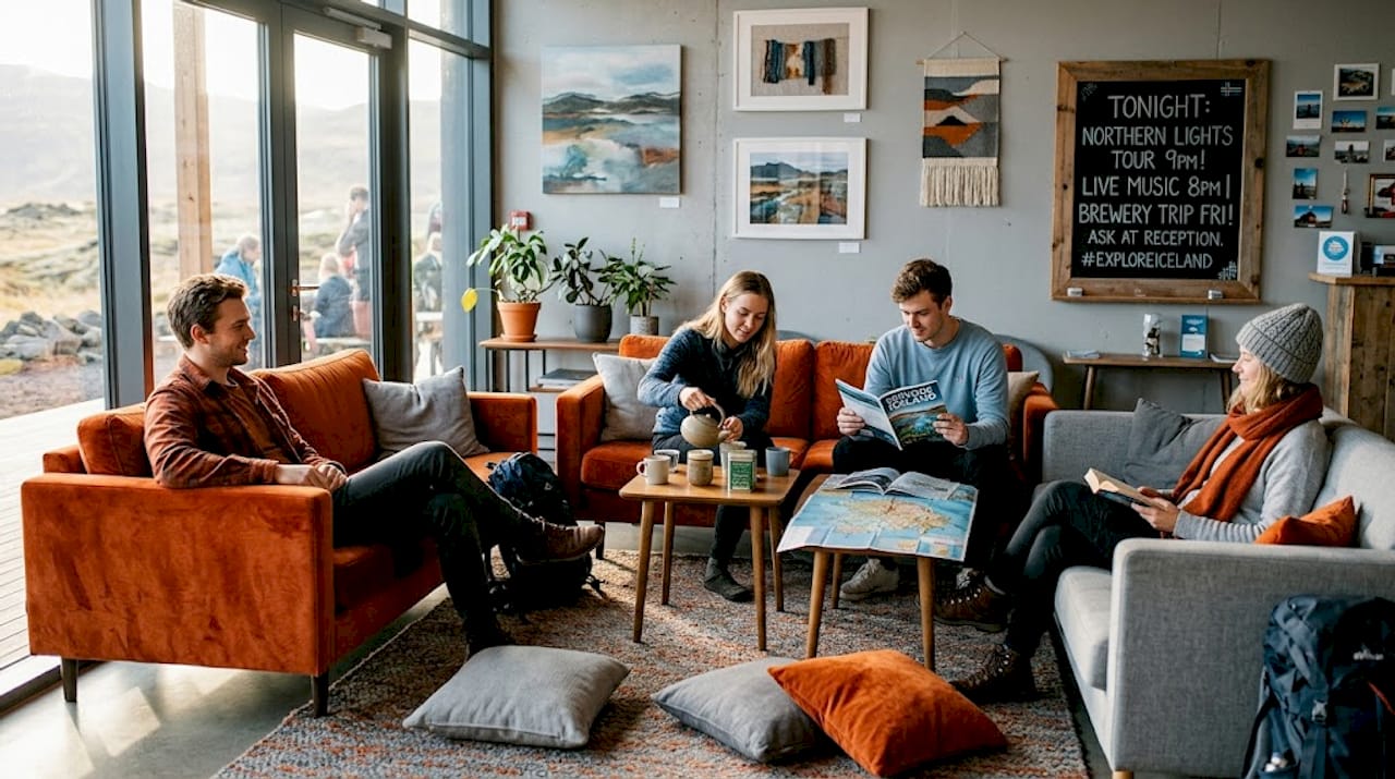 Travelers gathering in Iceland hostel lounge