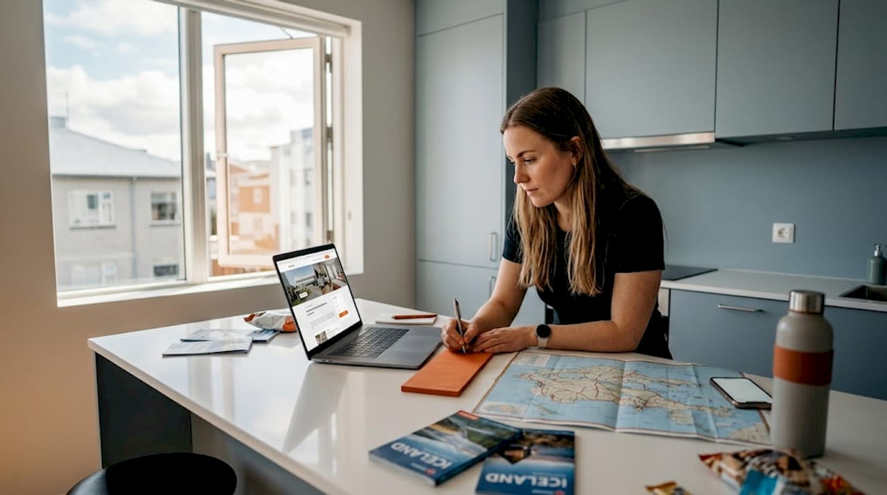 Woman booking Iceland hostel online