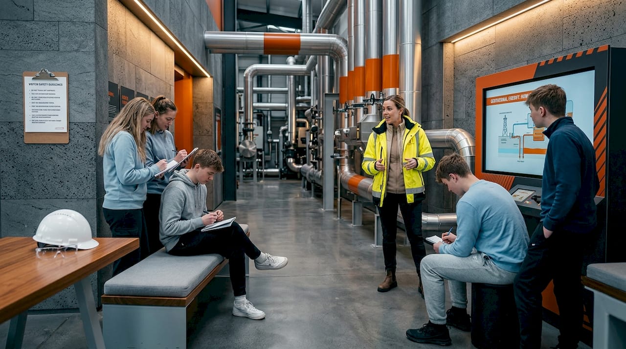 Students touring geothermal plant with engineer