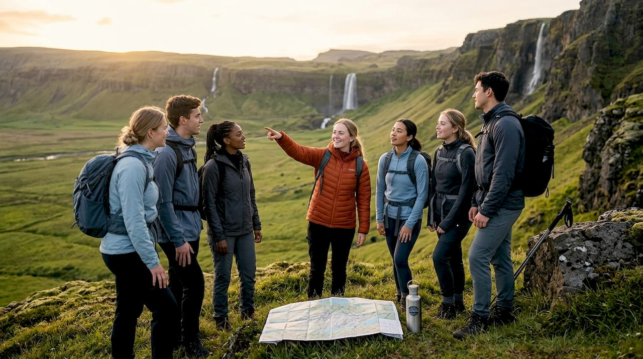 Students on Iceland field trip in lava field