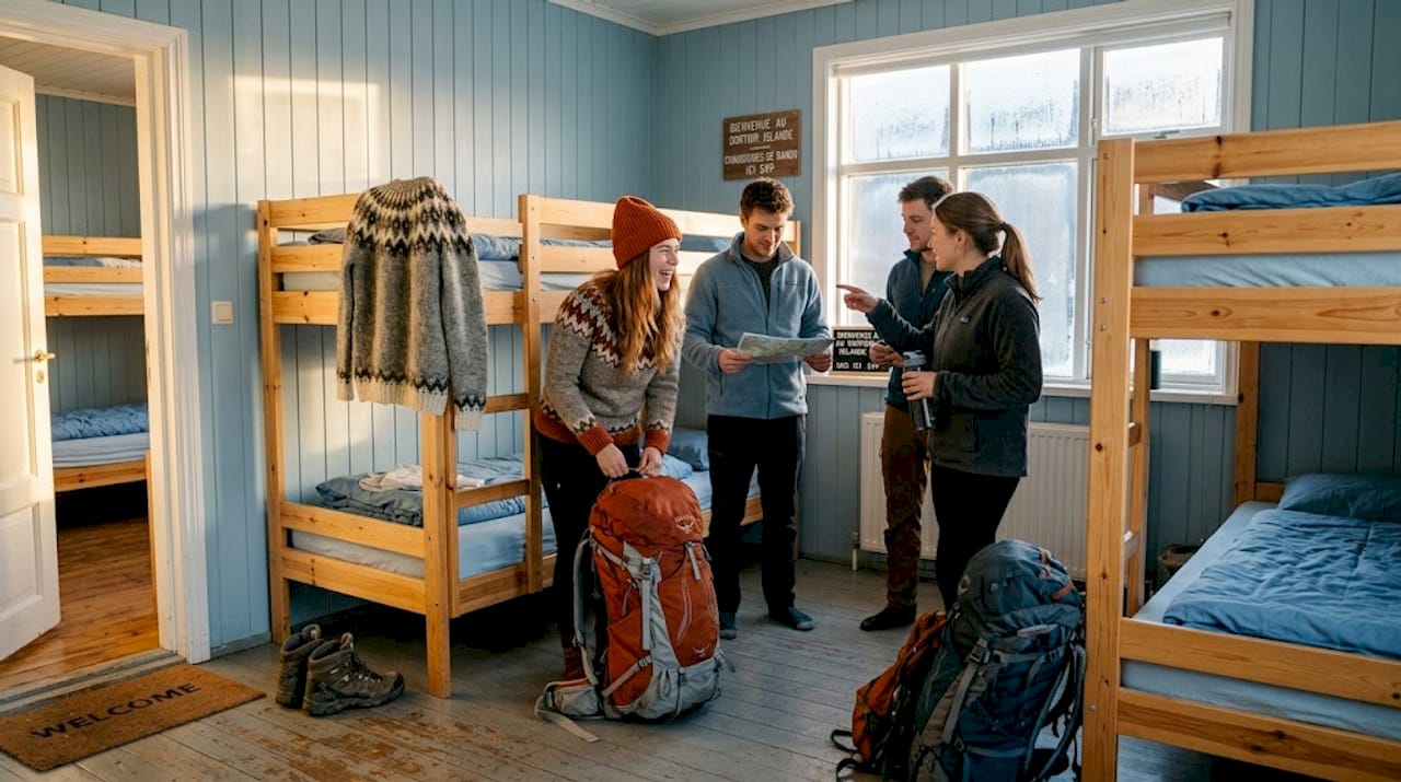 Un groupe se prépare dans le dortoir d’une auberge de jeunesse en Islande.
