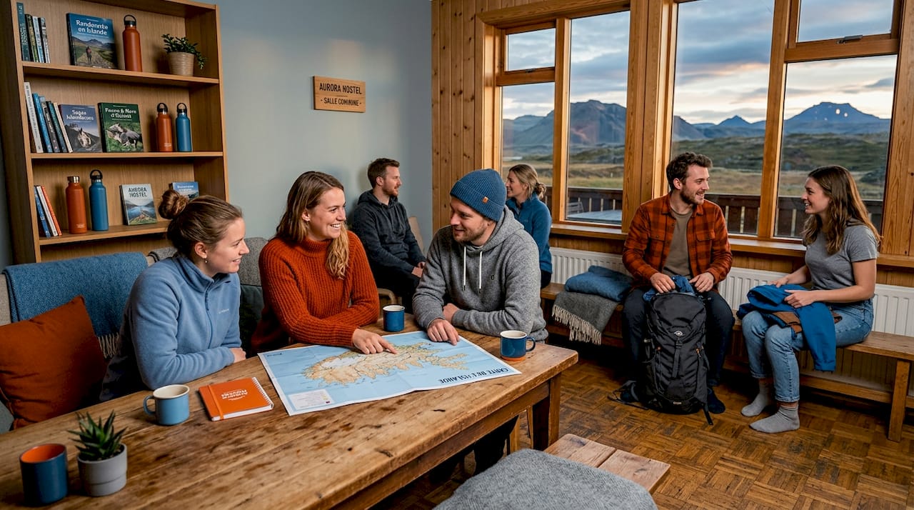 Des voyageurs venus des quatre coins du monde échangent et font connaissance dans le dortoir convivial d’une auberge de jeunesse en Islande.