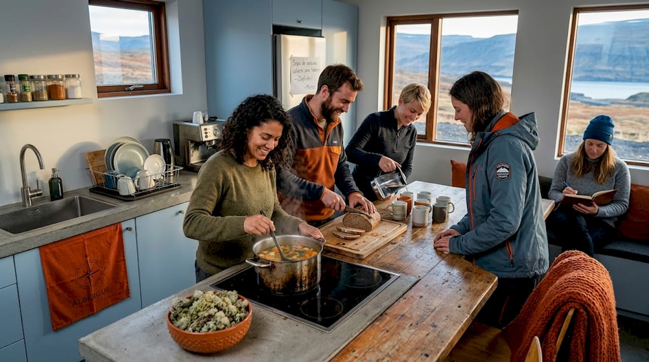 Viajeros disfrutando de una cena juntos en la cocina compartida del hostal
