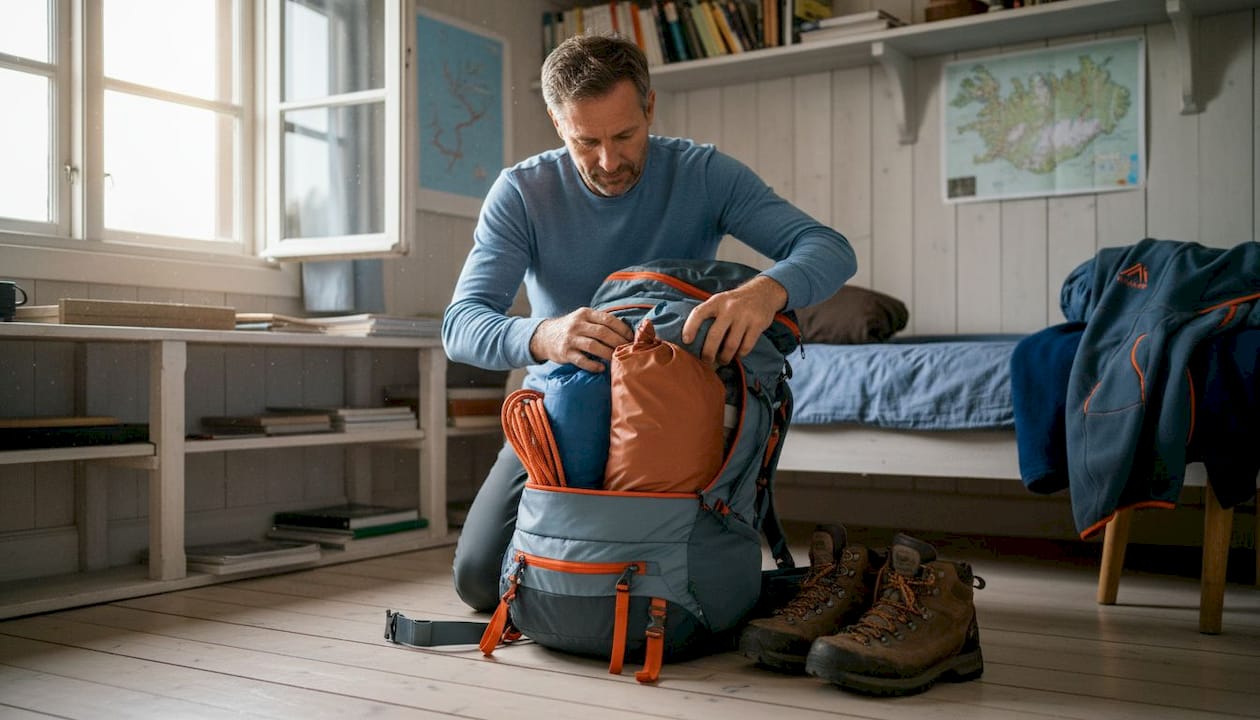 Eine Person stellt ihren Trekkingrucksack für eine Islandreise zusammen.