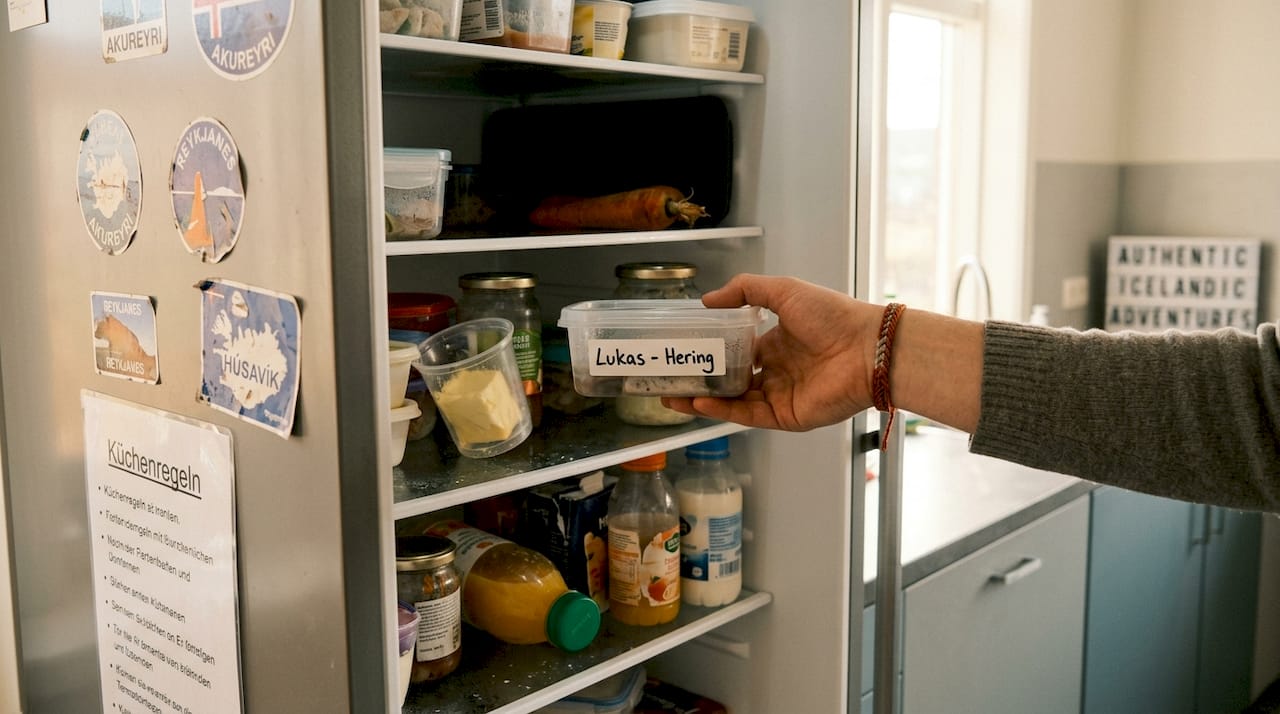 Jemand räumt beschriftete Lebensmittel ordentlich in den Kühlschrank ein.