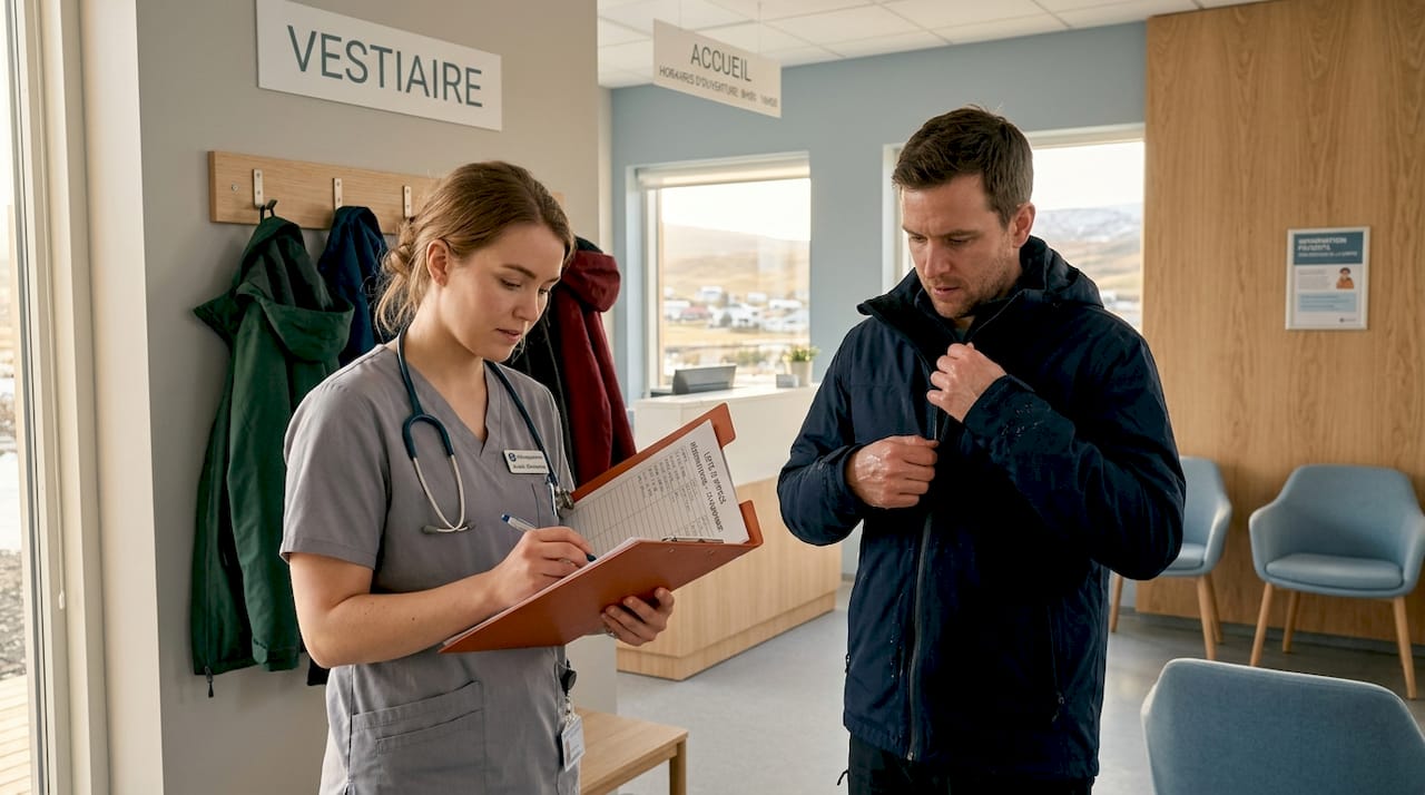 Une infirmière accueille un voyageur dans une petite clinique au cœur de la campagne islandaise.
